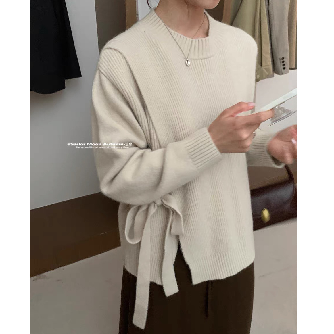 韓系圓領假兩件系帶套頭毛衣慵懶風寬鬆溫柔甜美百搭上衣女