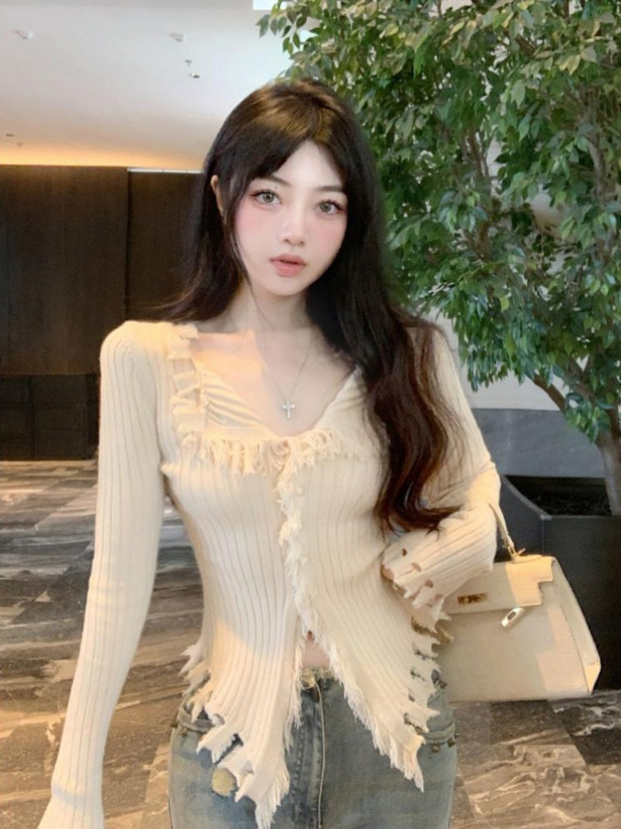 2023秋冬季新款流蘇美式辣妹流蘇咖色開衫毛衣外套女毛織針織衫