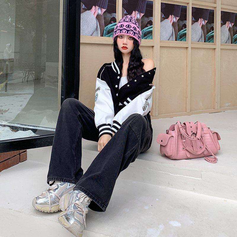 實拍黑灰色工裝牛仔褲女新款高腰顯瘦直筒街頭辣妹拖地闊腿褲子