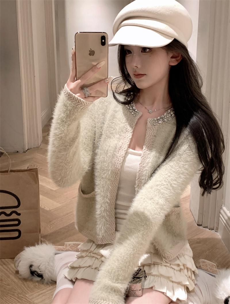 實拍 水鑽防貂毛外套女氣質短款環保毛顯瘦溫柔減齡上衣