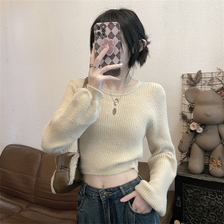 Real shot of hollow loose bottoming shirt for women in autumn and winter furry sweater with long-sleeved knitted top