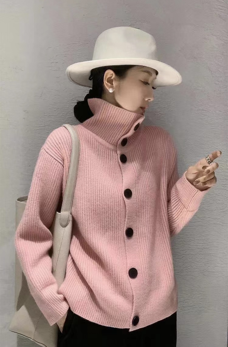 歐洲站加厚單排扣高領寬鬆毛衣女針織開衫純色保暖上衣顯百搭減齡