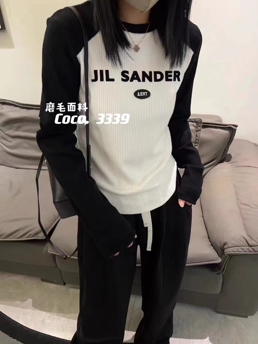 European Station 2023 Autumn and Winter New Versatile Casual Slim Letter Side Color Blocking Long Sleeve Brushed Thickened T-Shirt