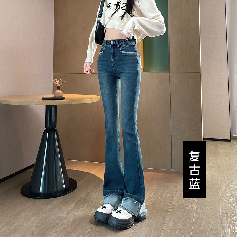 實拍2023秋季時尚潮流高腰修身微喇美式復古牛仔褲女