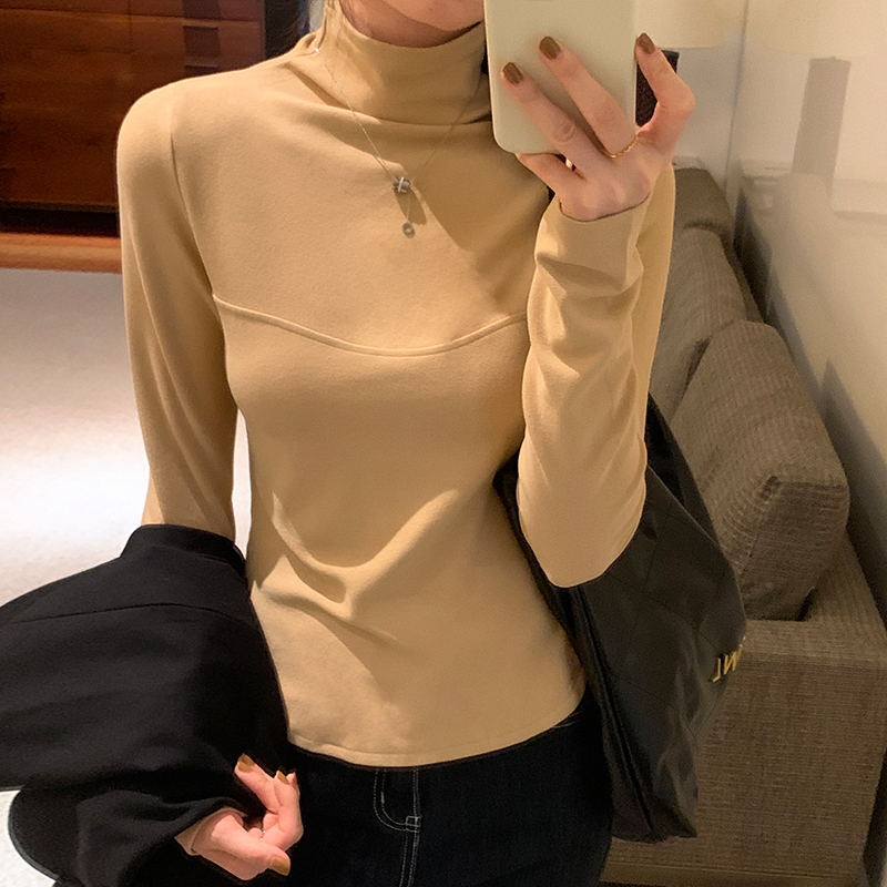 Actual picture solid color elastic slimming basic warm inner layering shirt high collar thickened long-sleeved T-shirt