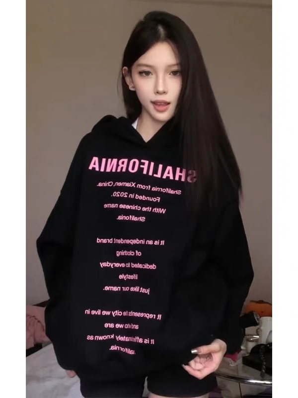 設計感字母印花純棉衛衣女秋冬加絨加厚美式潮牌連帽外套oversize