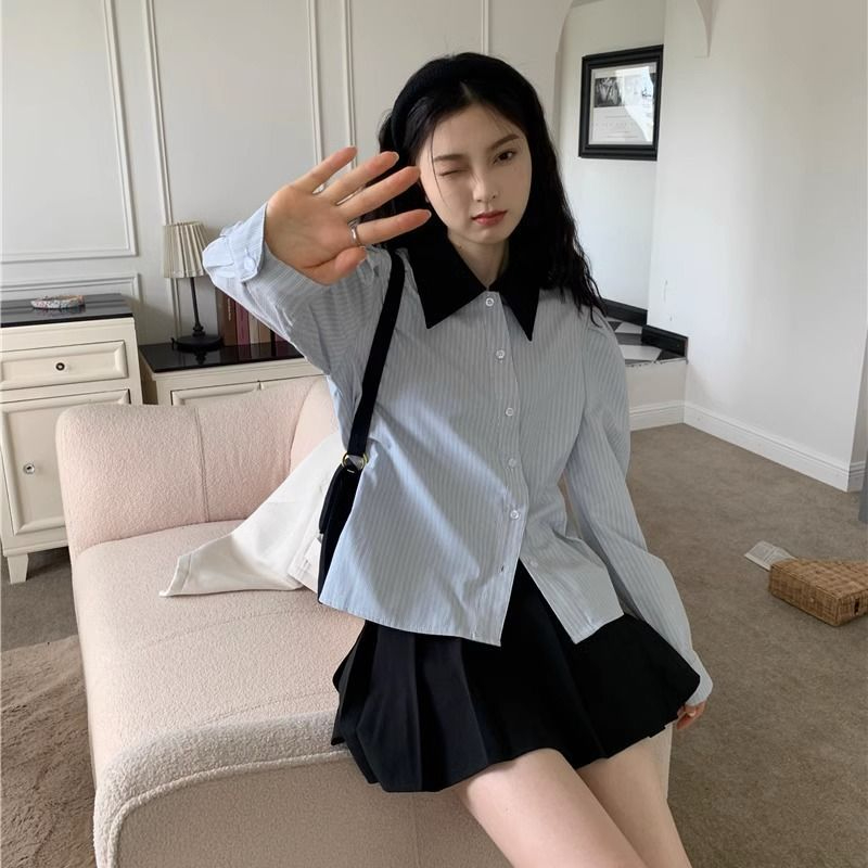 內搭娃娃領長袖藍色條紋襯衫女秋季設計感小眾韓系學院風襯衣上衣