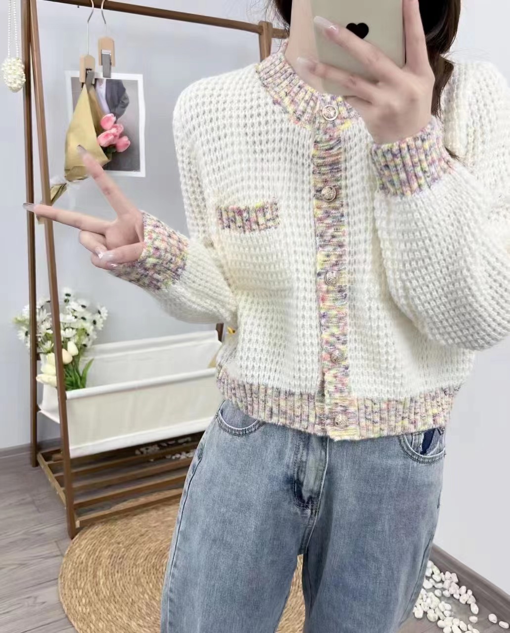 2023秋冬新款韓版寬鬆軟糯條紋撞色長袖毛衣女短款慵懶風針織開衫