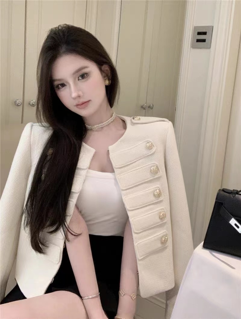 Xiaoxiang style lady short coat for women 2023 autumn new design long-sleeved off-shoulder woven top
