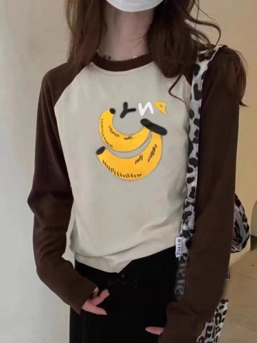  new autumn and winter Korean style fashionable banana pattern printed loose round neck color matching western style brushed long-sleeved T-shirt