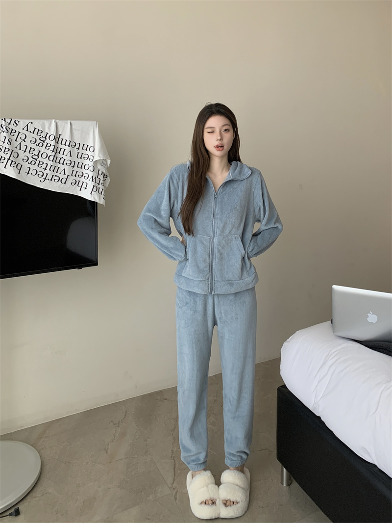 實拍  寬鬆拉鏈睡衣女軟糯秋冬可外穿加厚珊瑚絨家居服套裝