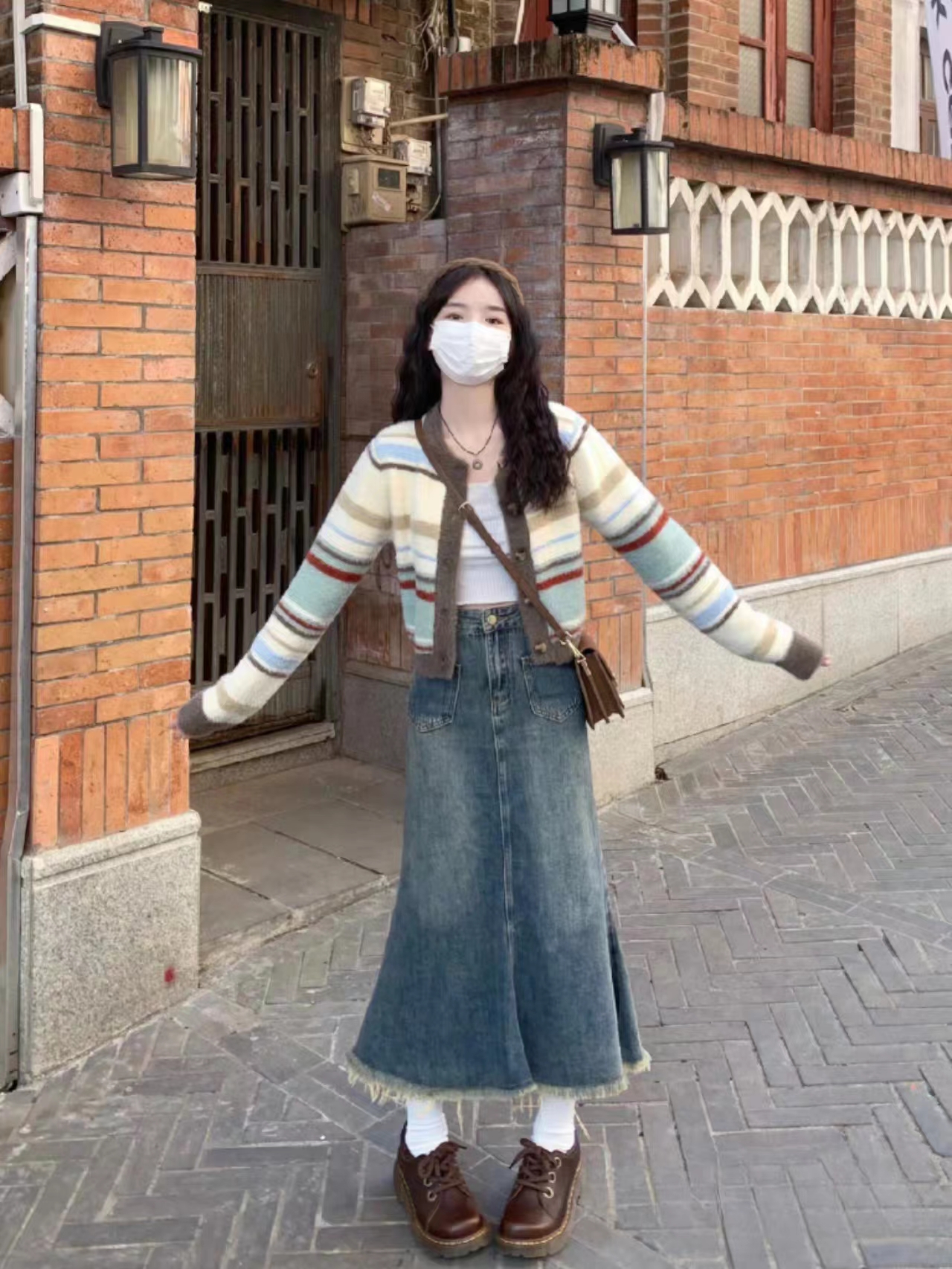 韓系高級感條紋毛衣套裝女秋冬季學院風慵懶仿水貂絨短款針織開衫