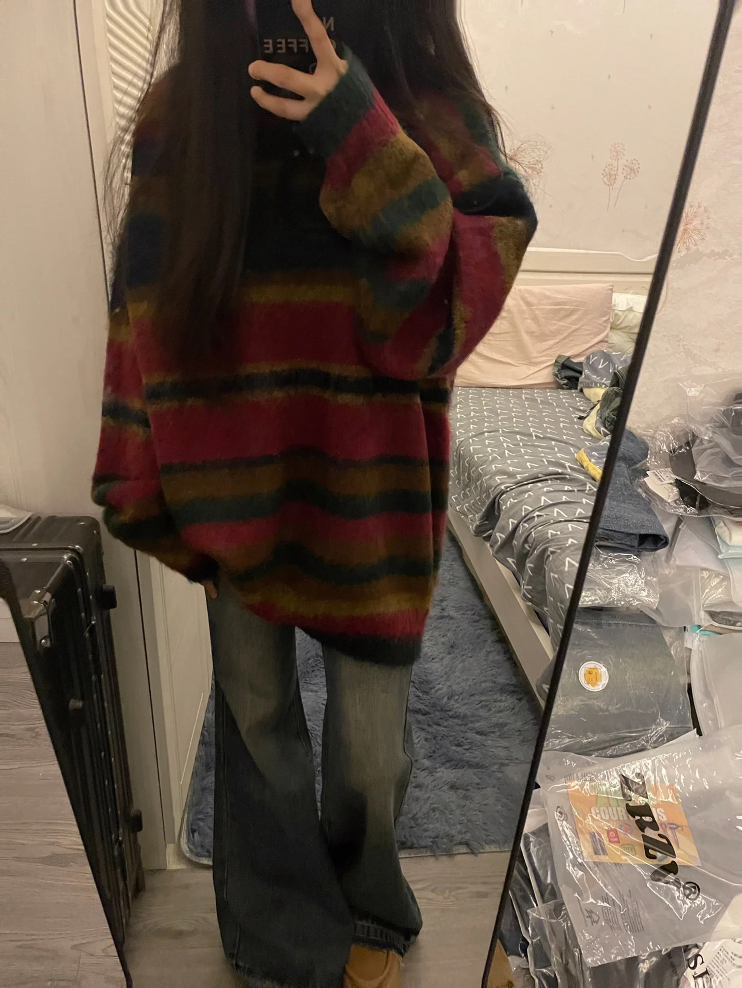 美式復古撞色條紋軟糯毛衣女設計感秋冬2023新款慵懶風寬鬆針織衫