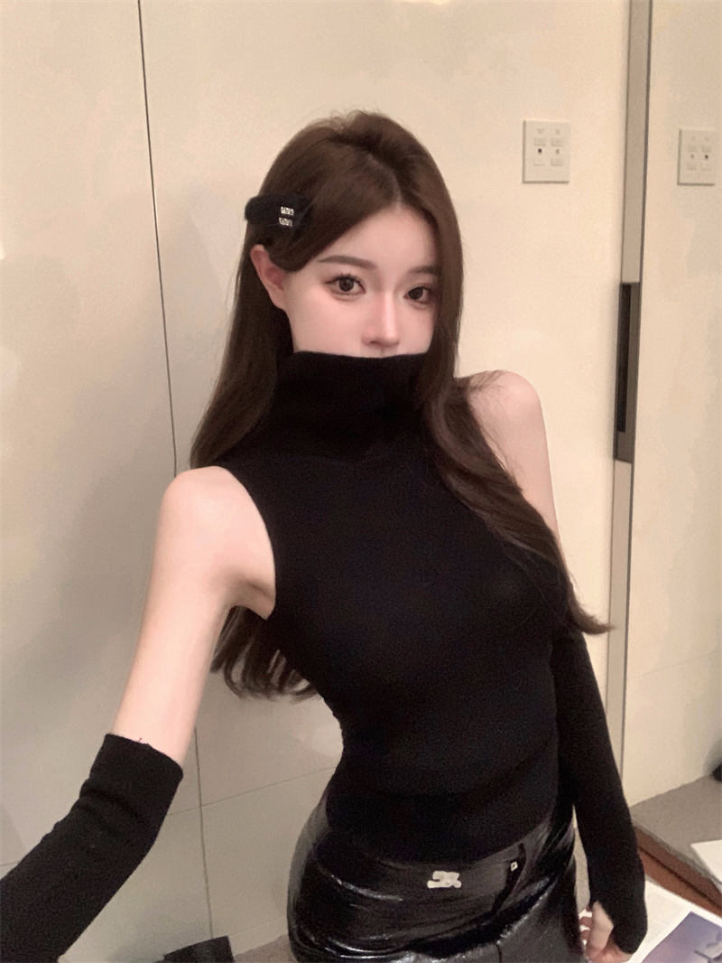 實拍 純欲風高領背心帶袖套女秋冬內搭外穿針織衫