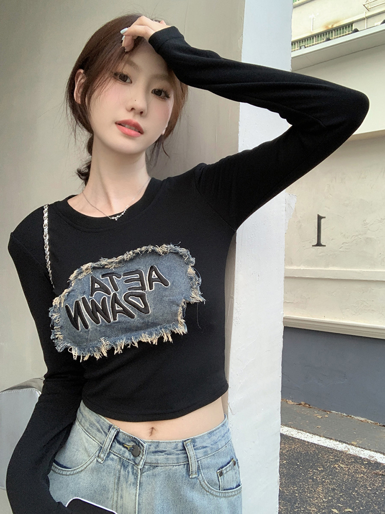 260克人棉，原版牛仔貼布 美式牛仔貼布修身顯瘦短款設計感上衣