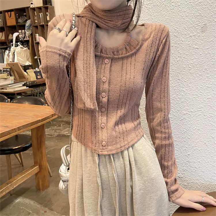 實拍性感辣妹掛脖吊帶短款拼接假兩件長袖針織開衫上衣女