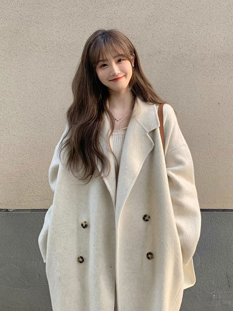 Off-white woolen coat for women, light luxury and high-end, lady style thickened mid-length woolen coat for women, internet celebrity