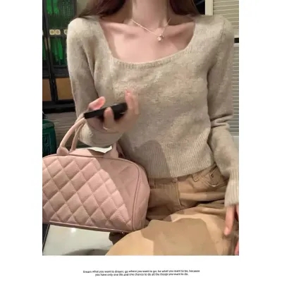 方領短款軟糯針織衫女秋季2023新款套頭小個子長袖上衣百搭打底衫