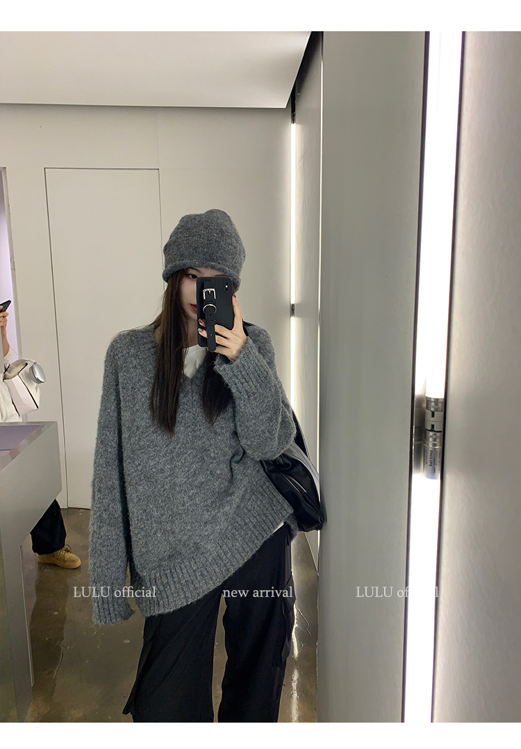韓版毛衣女秋冬2023新款寬鬆v領套頭加厚慵懶風外穿針織上衣