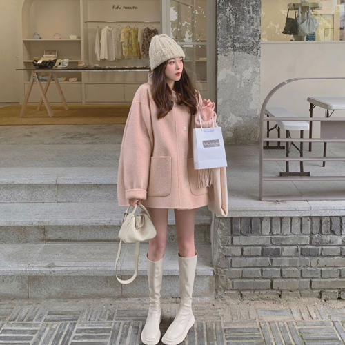  new pink hooded woolen coat winter velvet thickening short temperament coat for women trendy