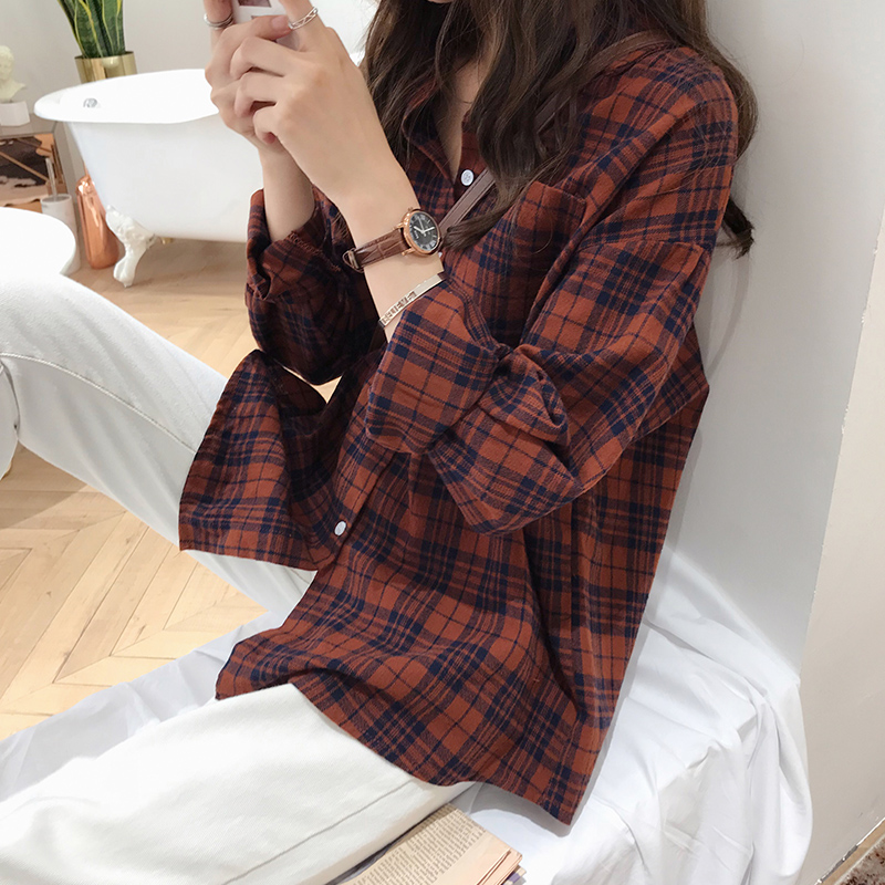 2023秋上新磨毛女裝寬鬆bf風格子襯衫女長袖chic上衣港味復古襯衣