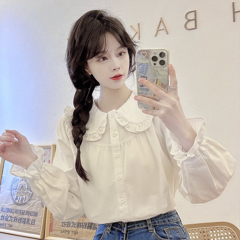 Real shot doll collar shirt women's autumn and winter design niche shirt new chic long-sleeved top for women