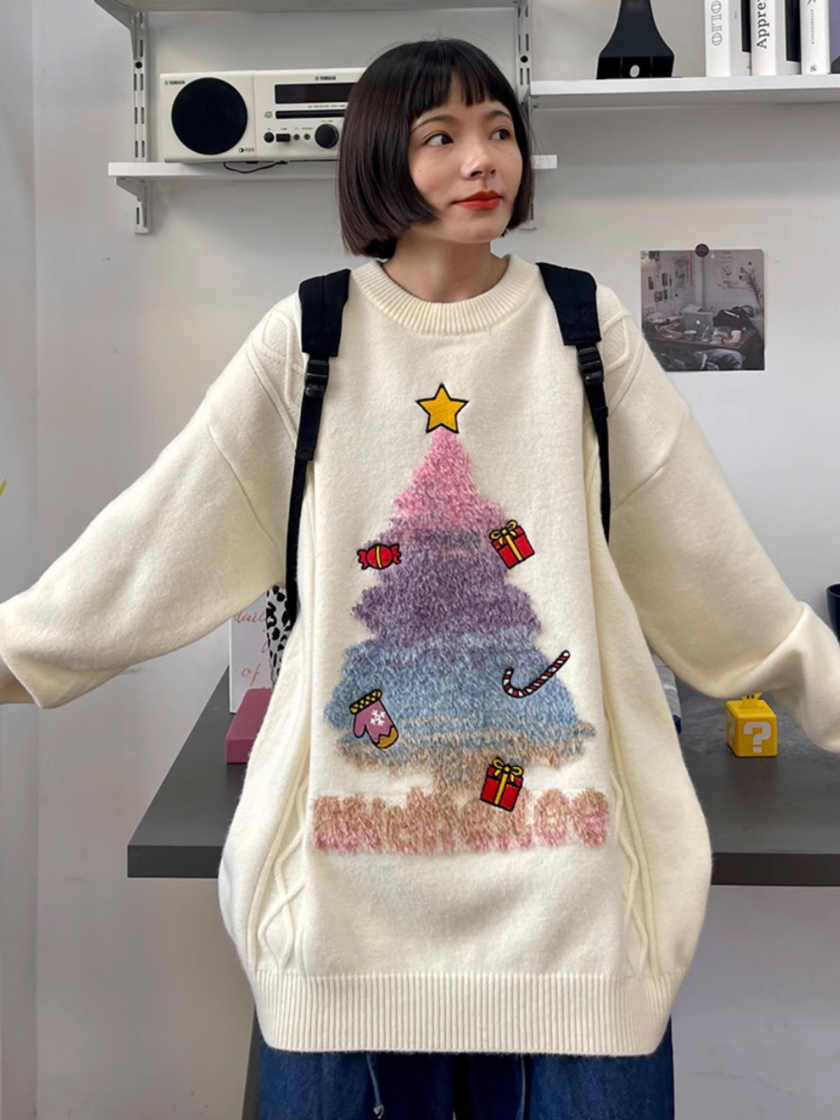 American retro Christmas tree black sweater for women winter new lazy style jacket knitted bottoming shirt top