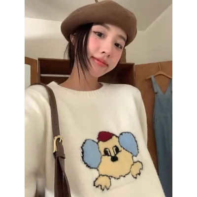 馨幫幫 韓系減齡小狗提花針織衫女2023寬鬆慵懶打底內搭外穿毛衣