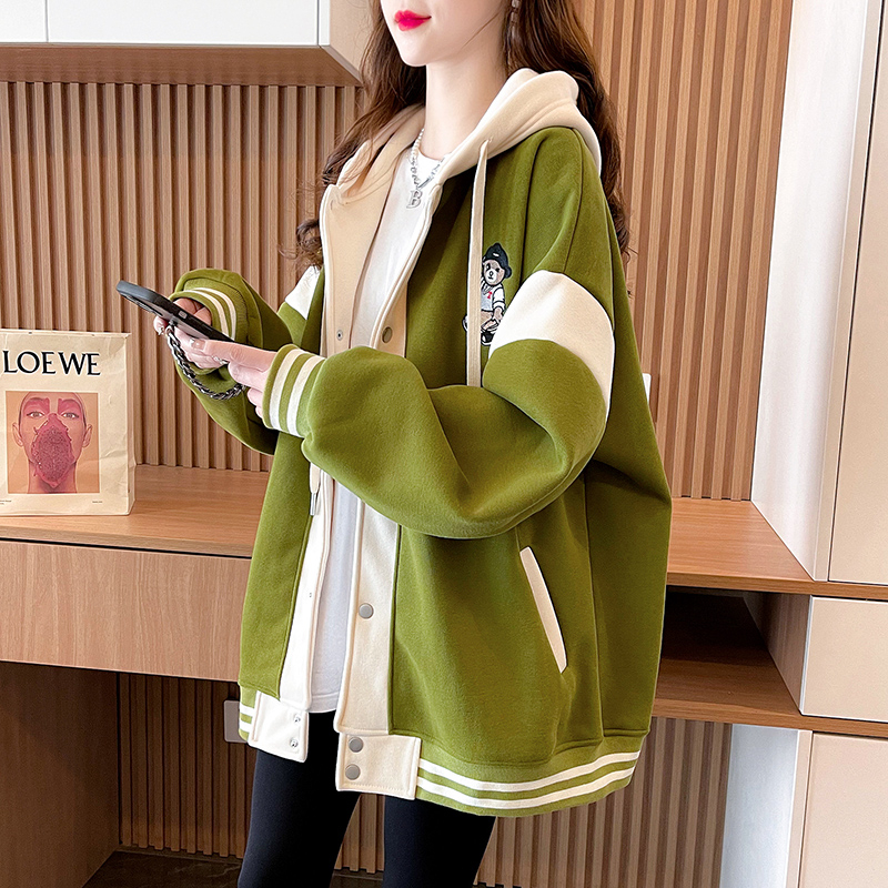 Loose hooded baseball jacket for women in spring and autumn design niche contrasting color stitching cartoon embroidered cardigan