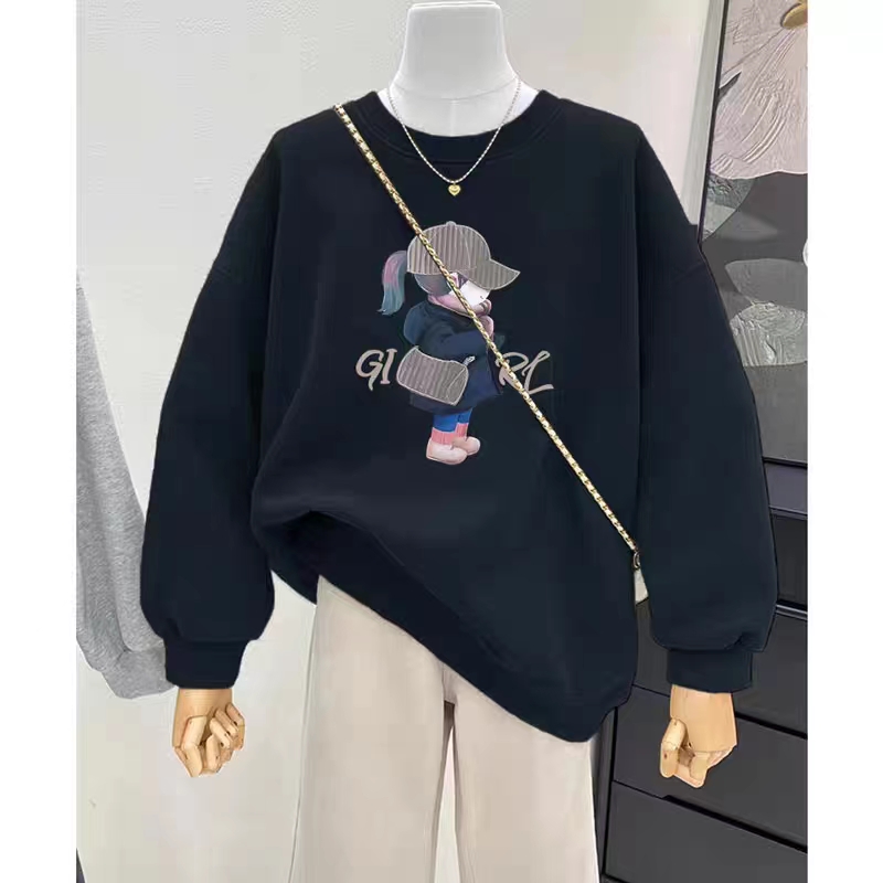 Thin Chinese cotton milk silk plus velvet Chinese cotton silver fox velvet round neck printed sweatshirt for women couple quality