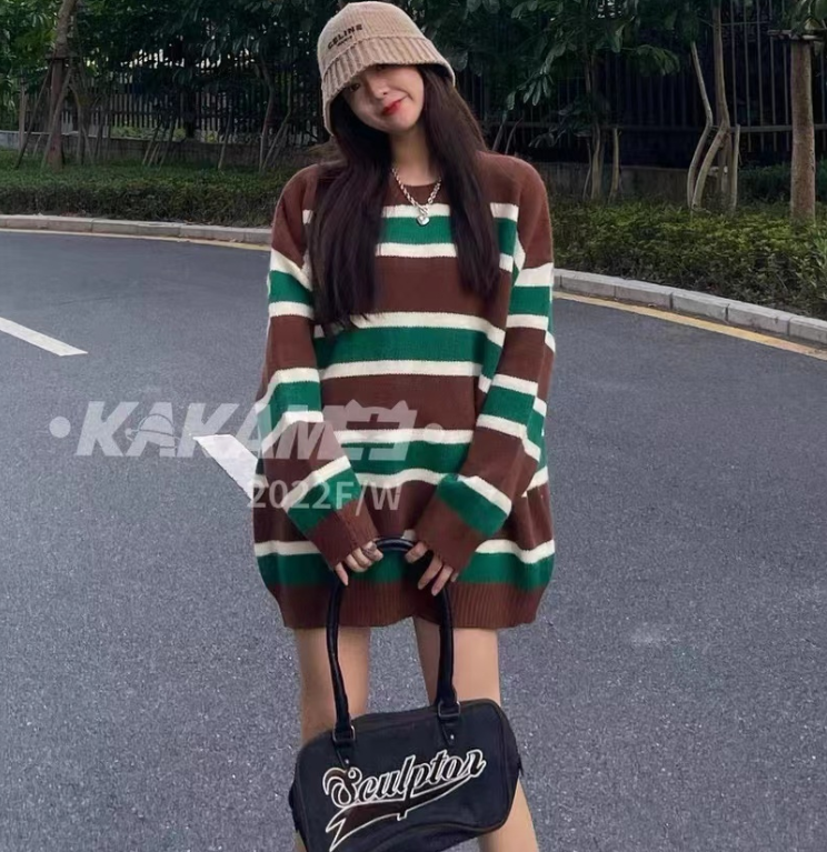 秋季新款大碼女裝時尚復古撞色條紋慵懶寬鬆毛衣女寬鬆百搭針織衫