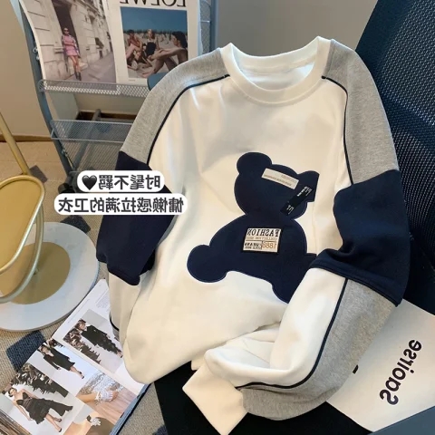 320克純棉華棉複合牛奶絲圓領撞色卡通小熊衛衣