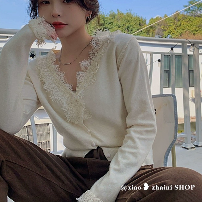 小香風v領蕾絲拼接針織開衫 外套女秋季設計感小眾短款長袖上衣服
