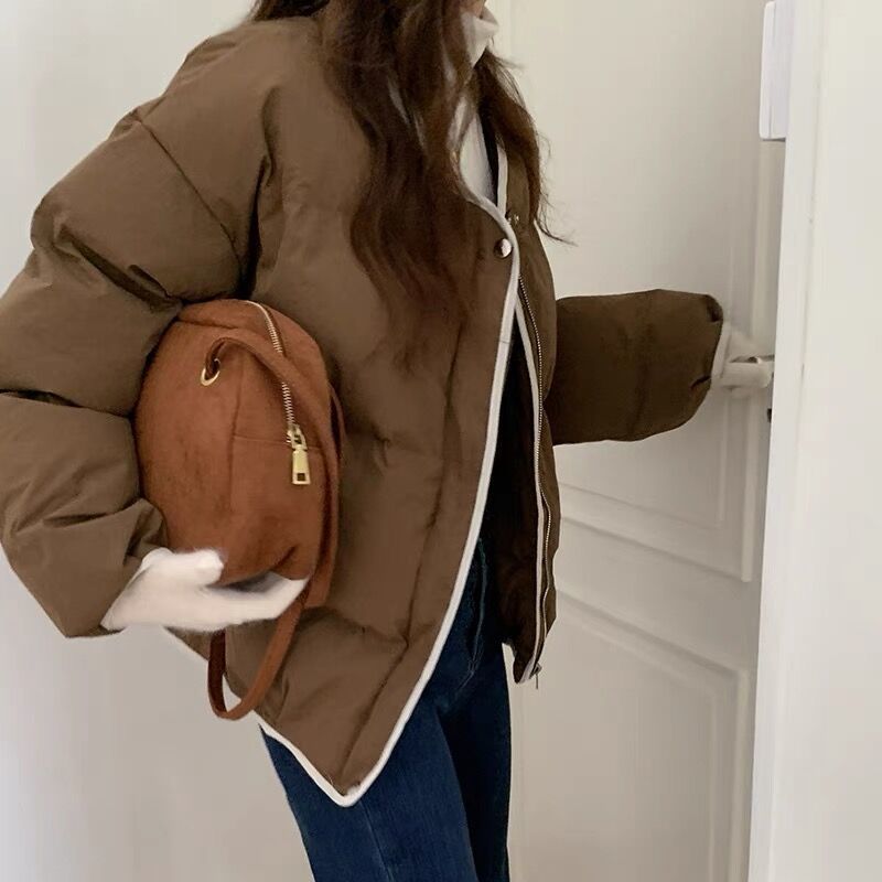 Korean style chic versatile contrasting color hemmed collarless bread coat women's winter loose thickened warm cotton coat