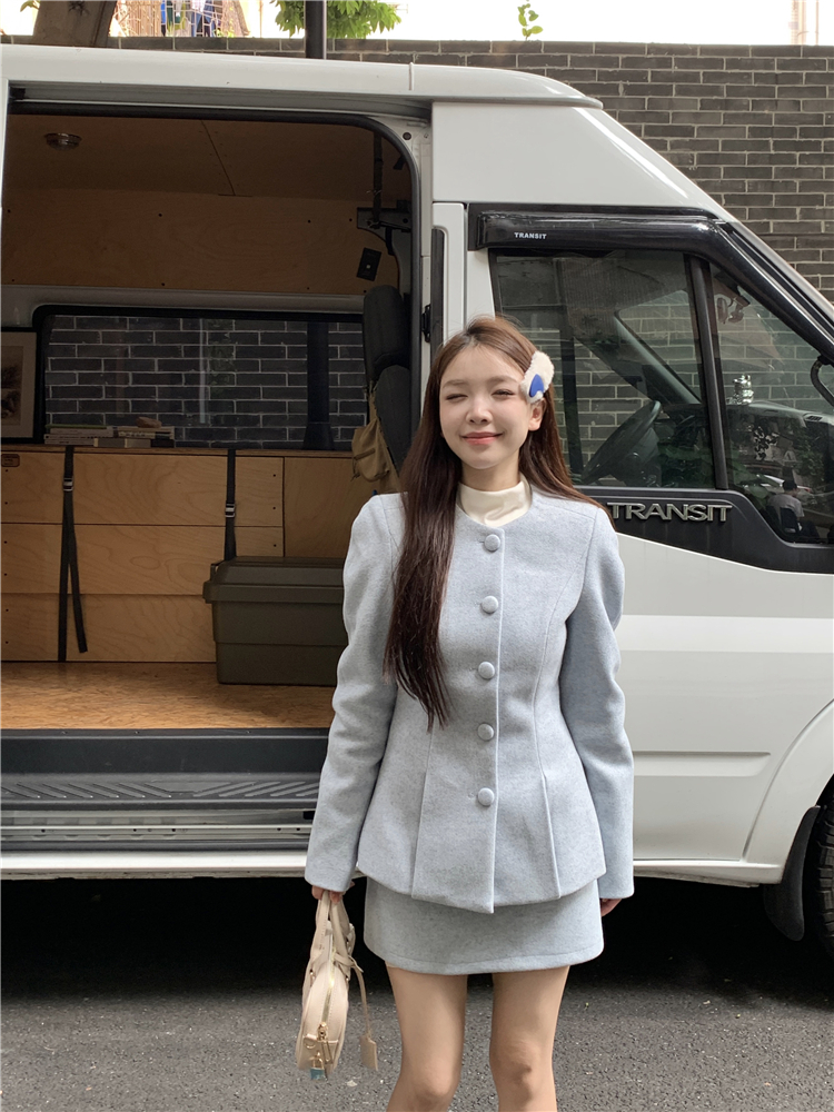 實拍~秋冬毛呢千金風壓褶外套A字中短半身裙套裝女