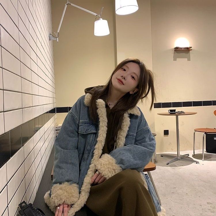 日系復古羊羔毛牛仔外套女2023新款春秋高級感羊羔絨休閒冬款棉服