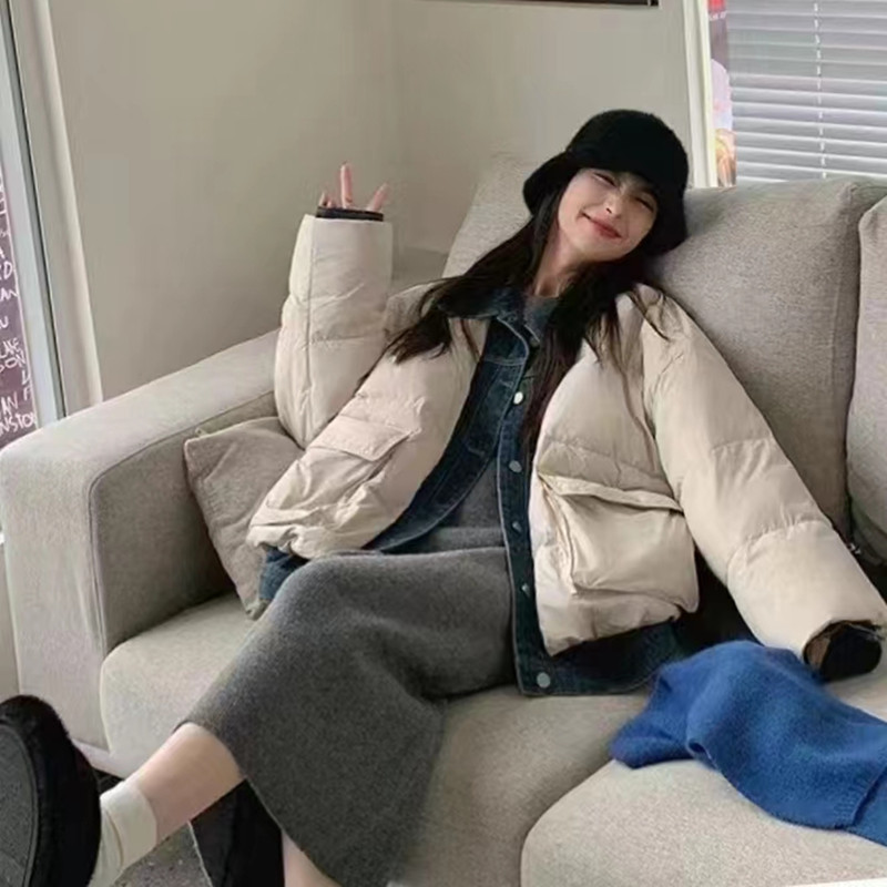 2023冬季韓版拼接假兩件大口袋短款棉服棉衣牛仔羽絨服女外套