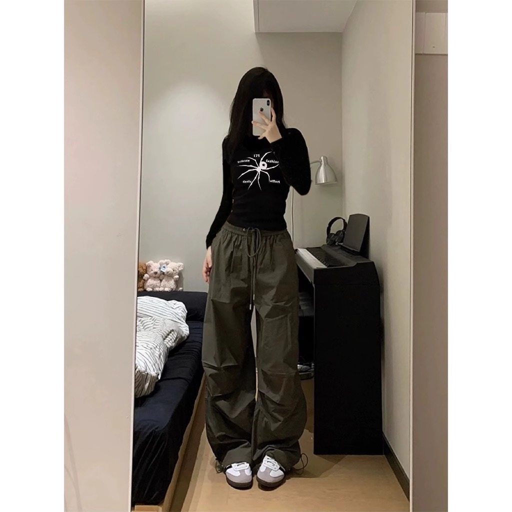 純棉210克40支秋冬美式小眾辣妹印花修身長袖插肩袖打底衫女