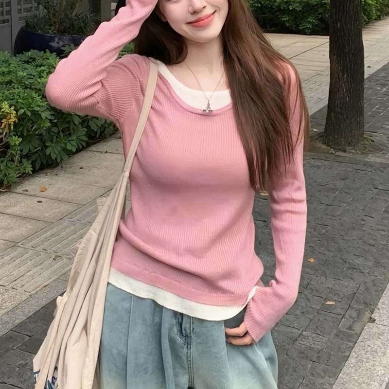 小個子秋季高級別致絕美長袖假兩件設計 上衣女正肩T恤針織打底衫