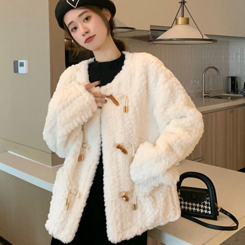 Autumn and winter small fragrant style imitation lamb fur coat for women fur integrated round neck rabbit fur mink fur coat