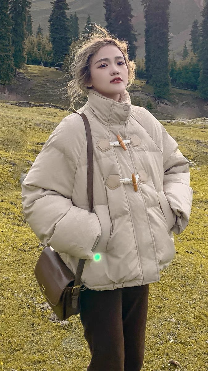 Horn Button Bread Jacket Women's 2023 Winter Thickened Warm Down Cotton Jacket Short Loose Version Cotton Jacket Jacket