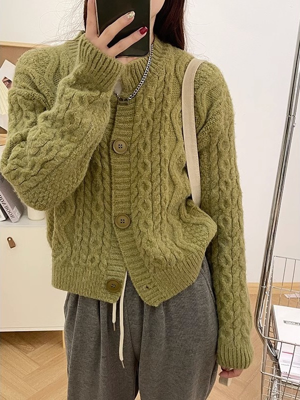 慵懶風麻花加厚針織開衫毛衣女秋冬季新款小個子顯瘦百搭外套鹿絨