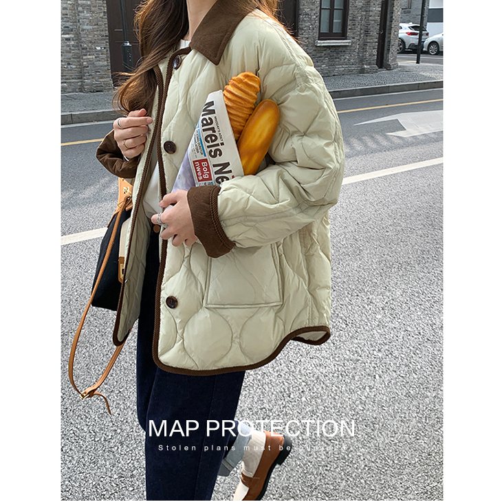 Korean style down-padded jacket for women with contrasting color lapel rhombus coat and cotton-padded jacket for winter