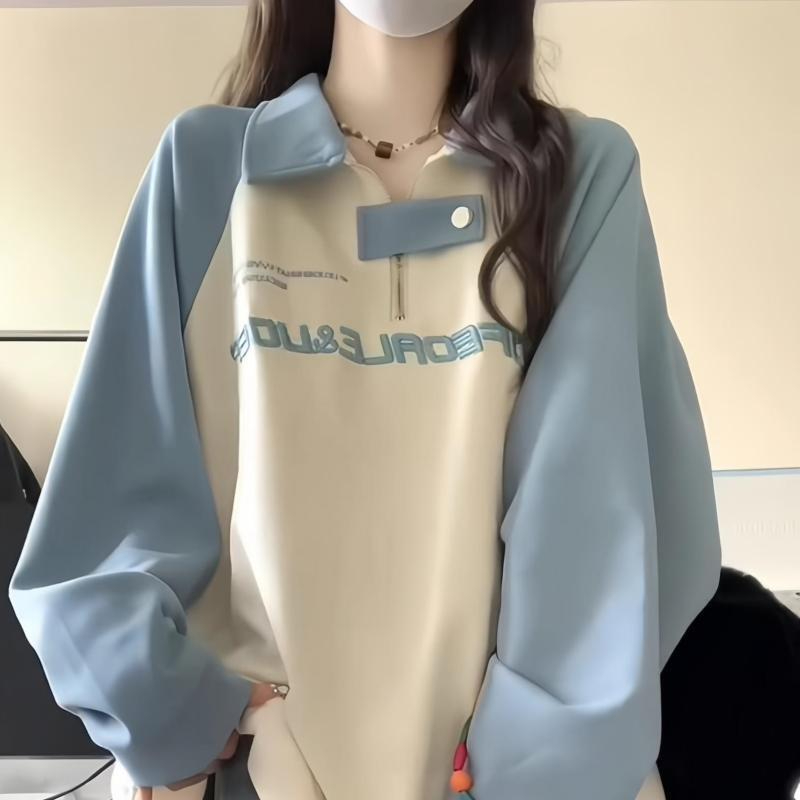 White Korean chic college style sweatshirt for women half zipper polo collar 2023 new loose thin coat autumn and winter