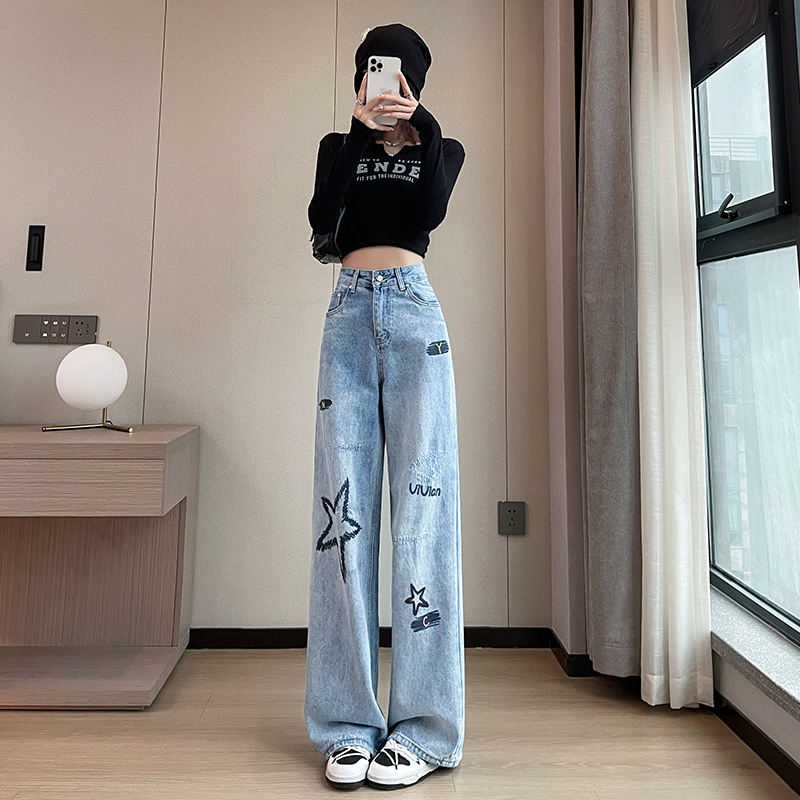 實拍2023秋季時尚高腰闊腿寬鬆美式復古牛仔褲女