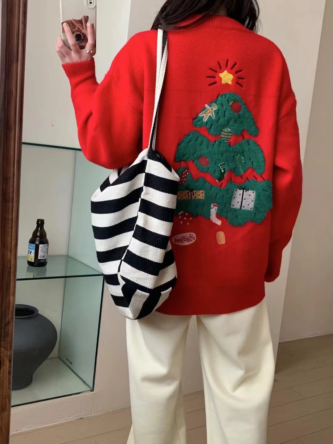 外貿韓系圓領聖誕樹刺繡套頭毛衣女秋冬季新款寬鬆百搭加厚針織衫