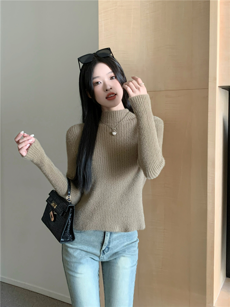 實拍 半高領軟糯仿貂絨修身毛衣女內搭外穿洋氣針織打底衫