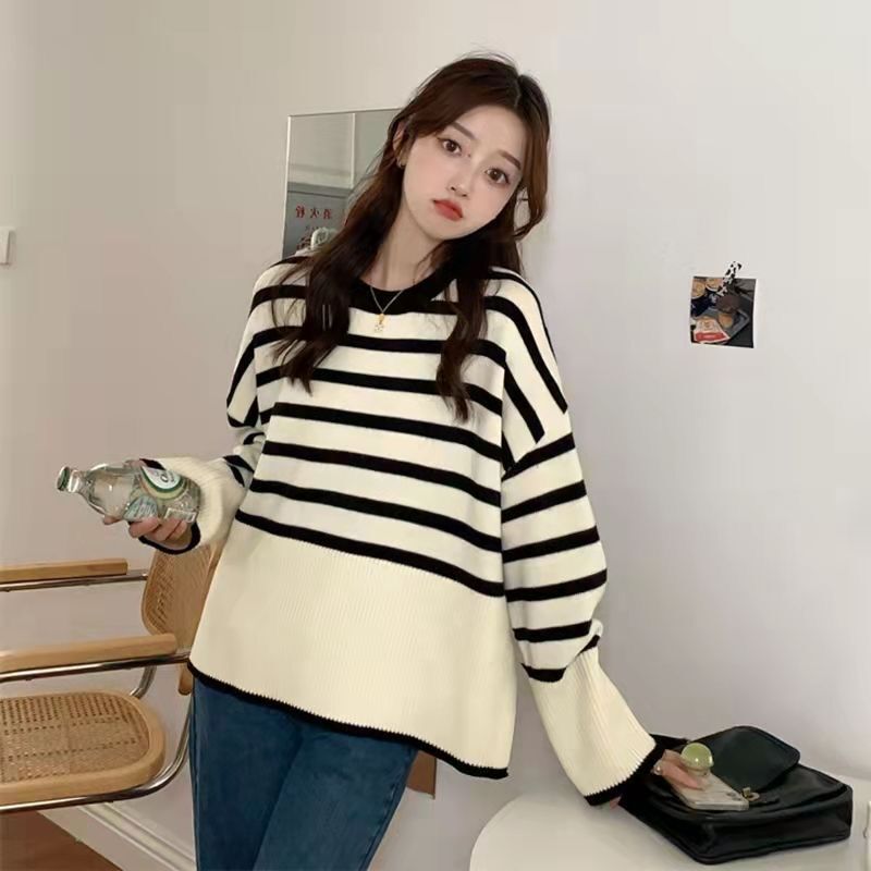2023 New Summer and Autumn Striped Contrast Color Sweater Women's Lazy Loose Side Slit Sweater Tops Jacket Women