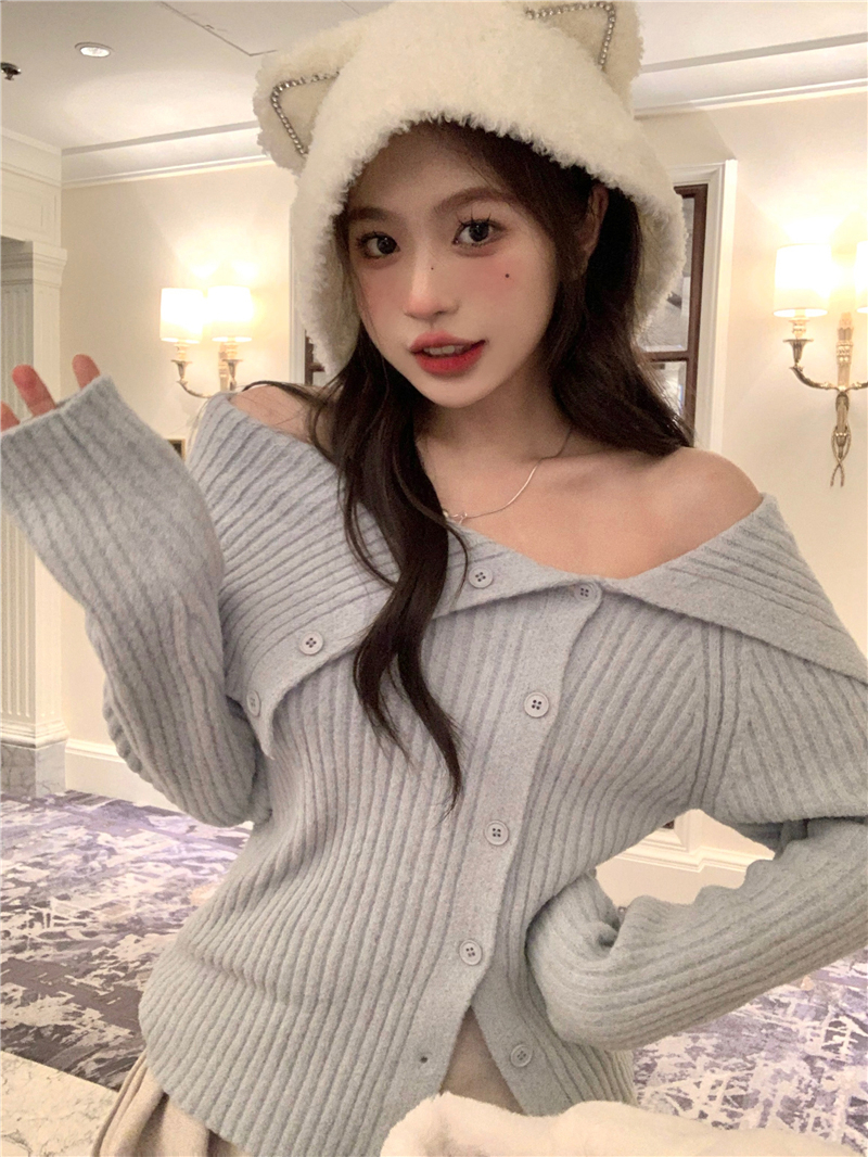 翻領不規則針織開衫女裝秋冬粉色露肩性感打底修身毛衣上衣