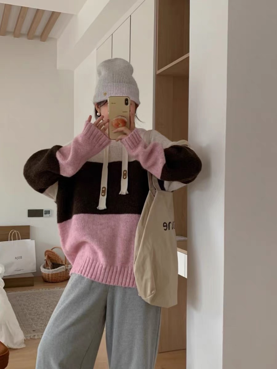 韓系條紋撞色減齡寬鬆套頭上衣慵懶風秋冬內搭連帽休閒衛衣毛衣女